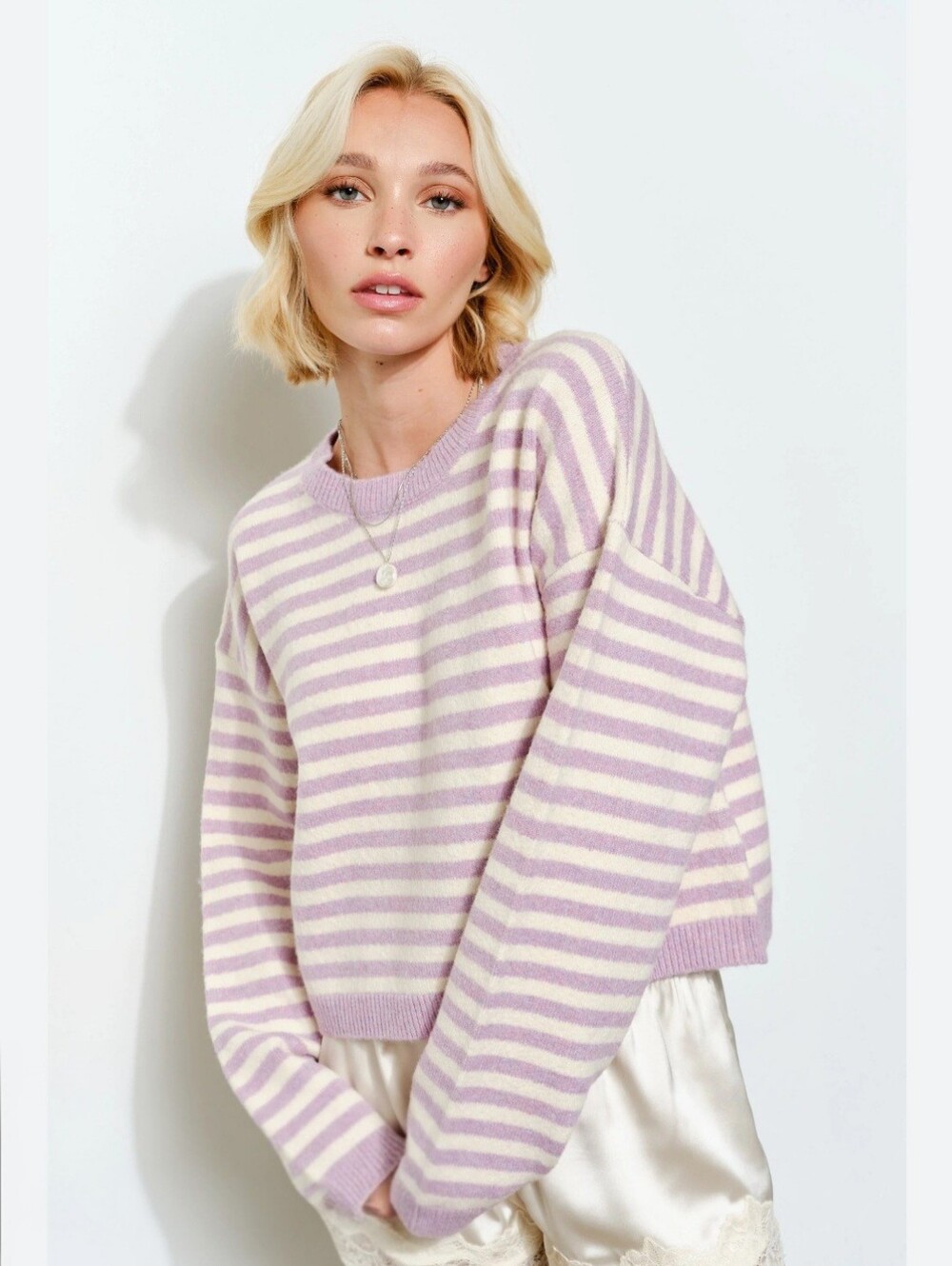 Striped Crewneck Sweater in Lavender and Cream
